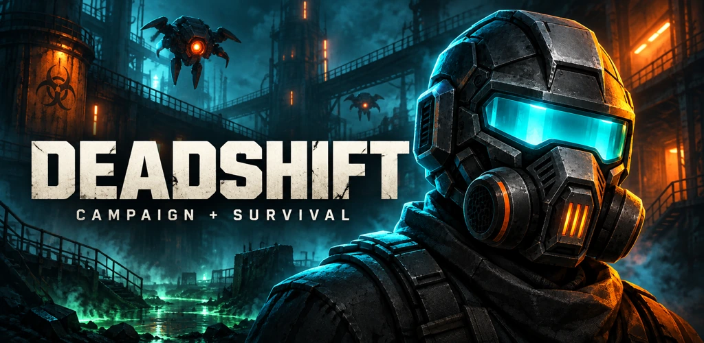 Deadshift armoured soldier and drones in a hostile industrial sector