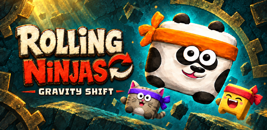 Rolling Ninjas illustrated world with panda ninjas and dangerous machinery